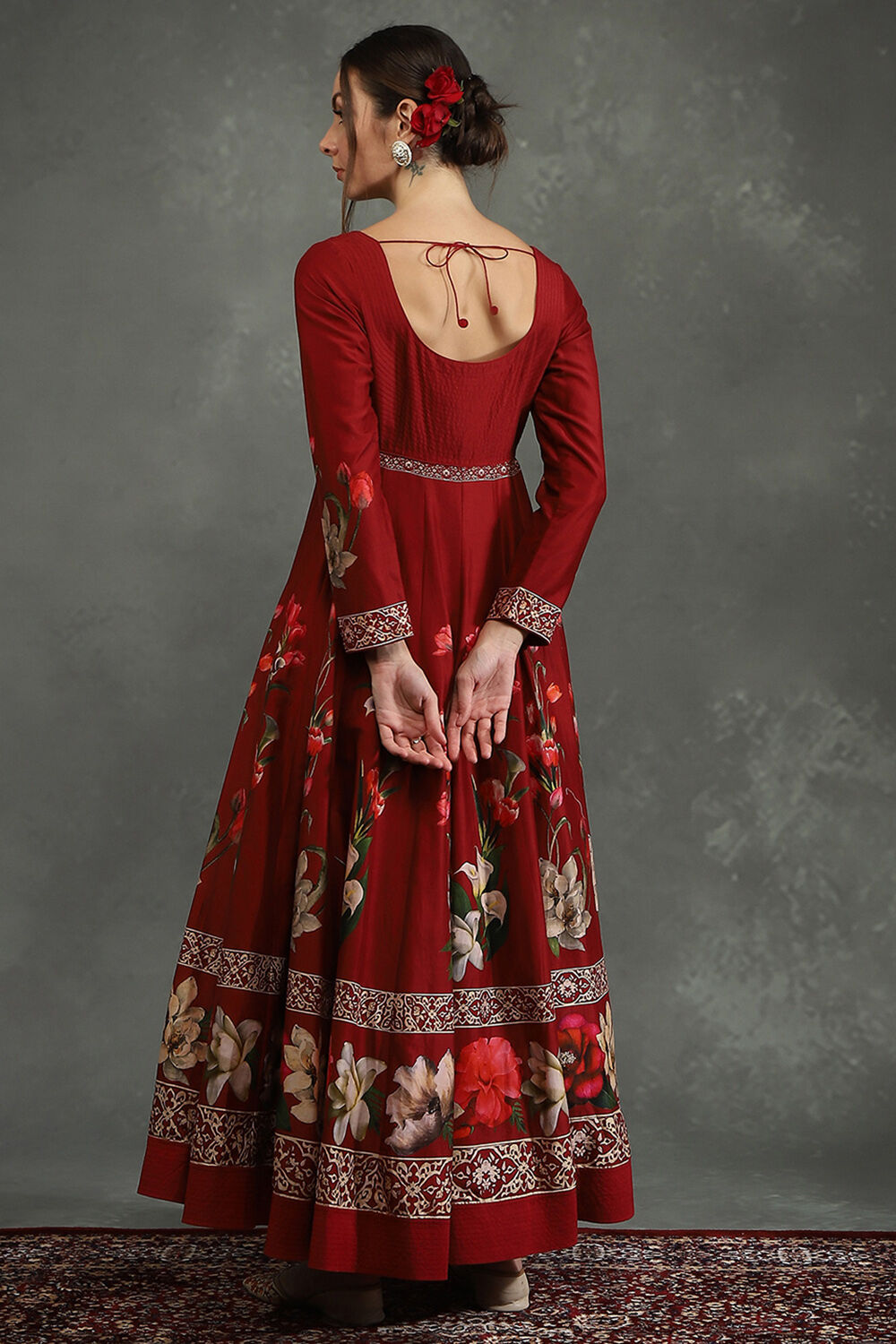Rohit Bal Maroon Silk Chanderi Floral Anarkali Suit Set image number 3