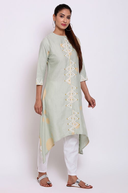 Mint Green Cotton Flax Asymmetric Printed Kurta image number 4