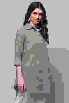 Olive Cotton Straight Kurta image number 4