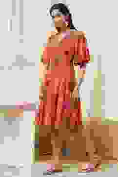 Orange Floral Printed Flared Dress image number 2