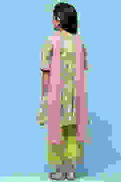 Yellow Gathered Cotton Kurta With Palazzo & Net Dupatta image number 6