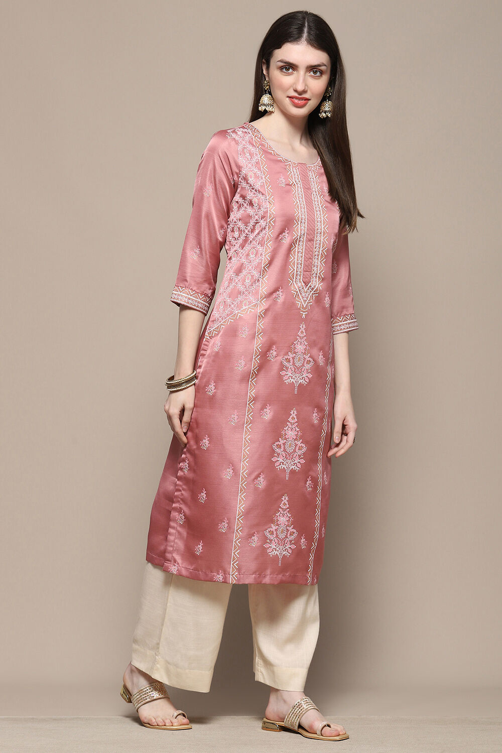 Dusty Pink Printed Straight Kurta image number 4