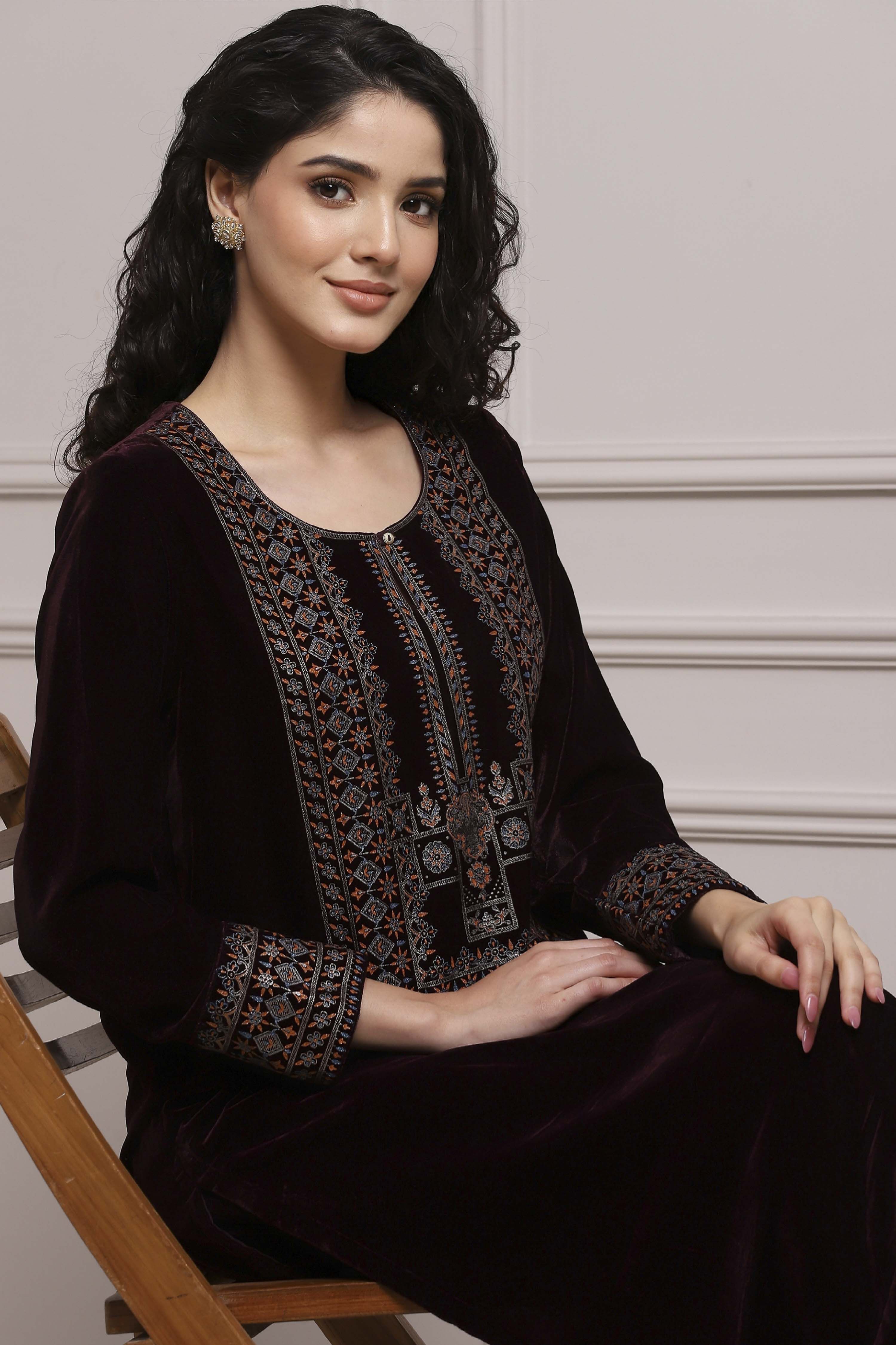 Wine Art Silk Straight Kurta Pants Set image number 6