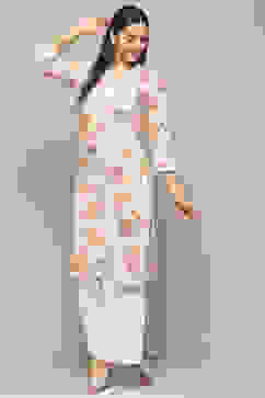 Off-White Cotton Floral Straight Kurta image number 0
