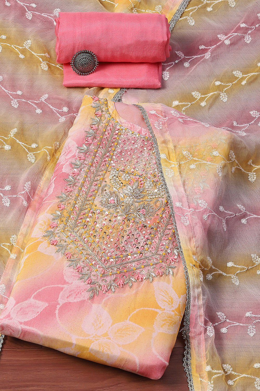 Pink Organza Unstitched Suit set