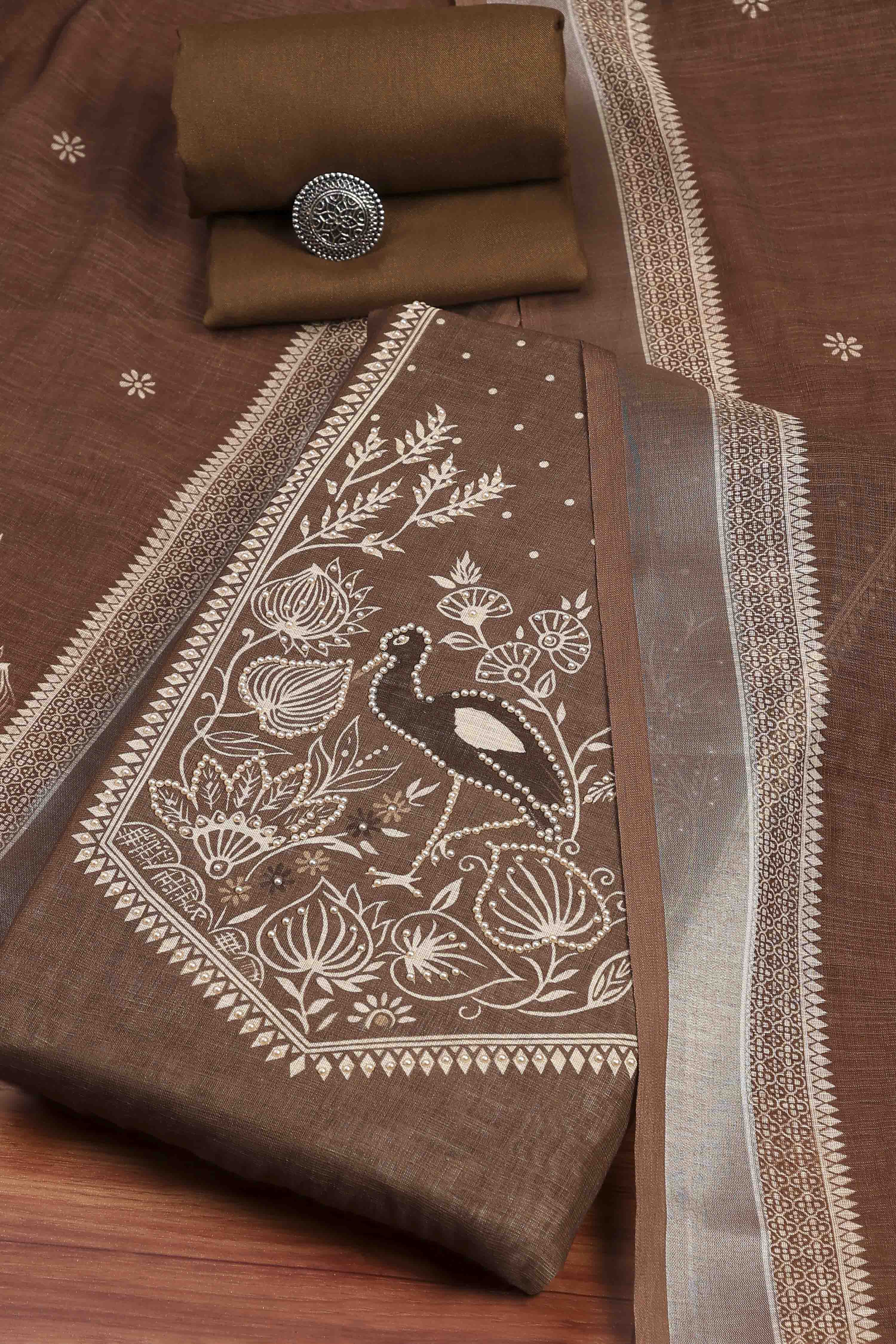 Dark Beige Linen Embroidered Unstitched Suit Set image number 0