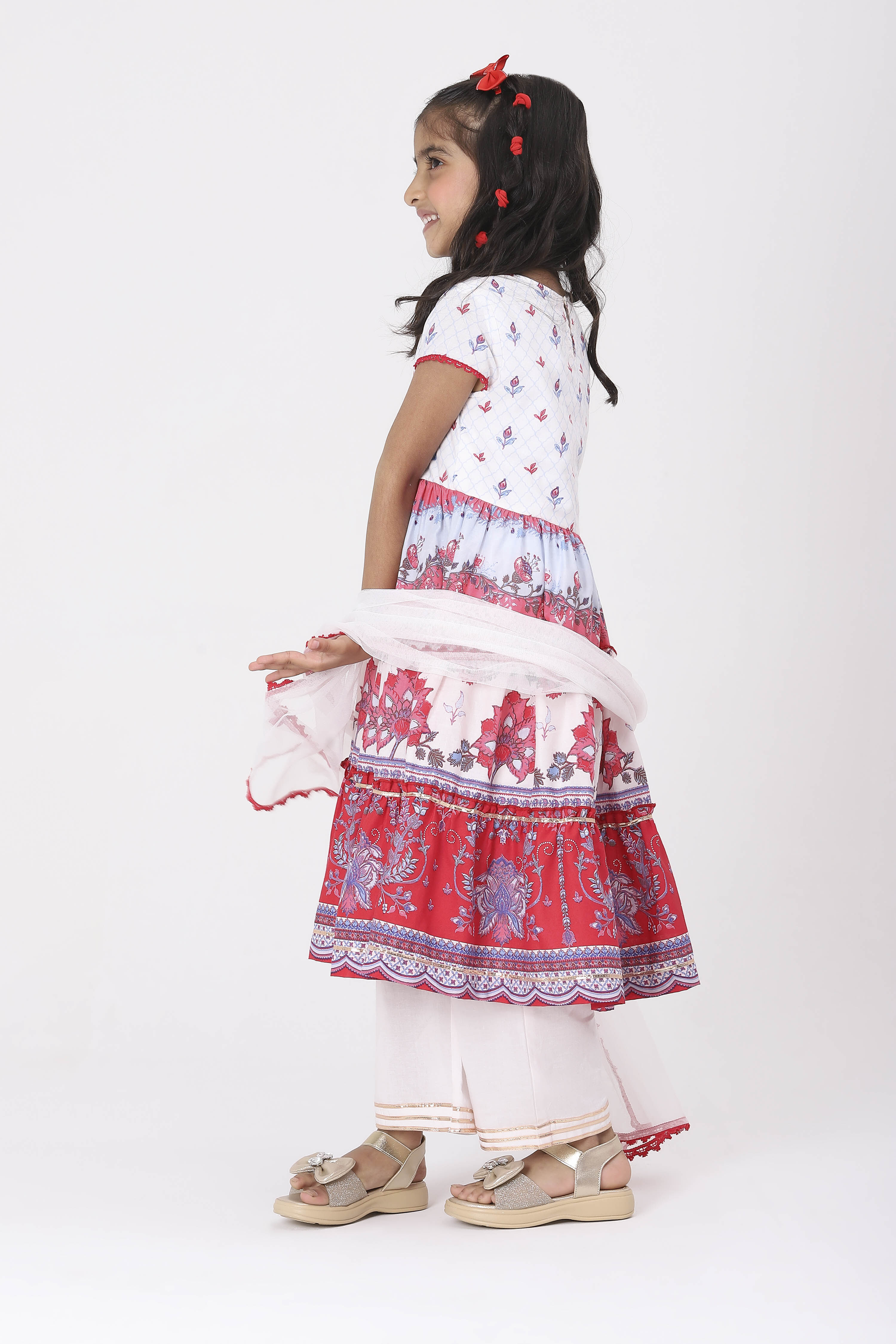 White Cotton Printed Tiered Suit Set image number 2