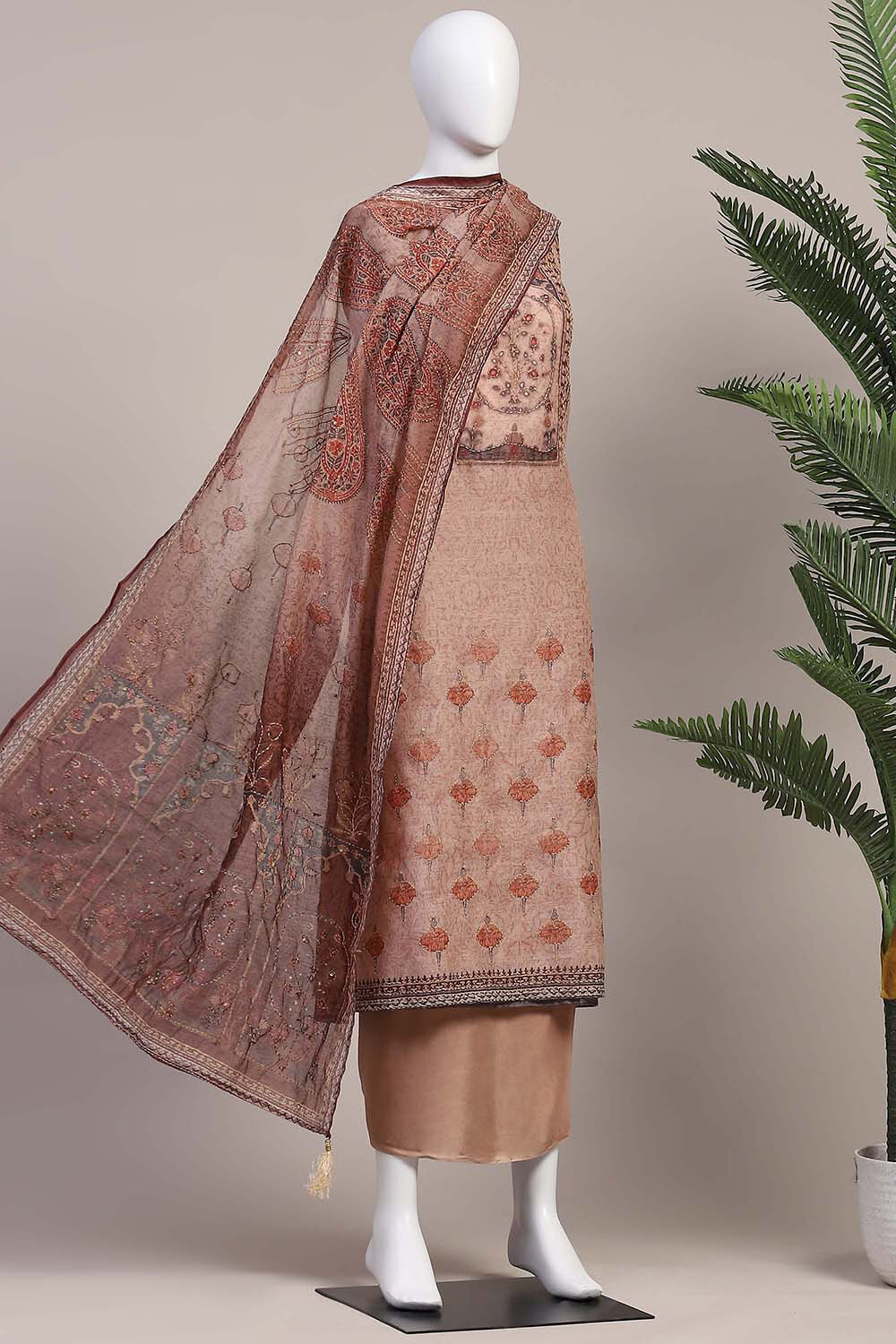 Grey Chanderi Hand Embroidered Unstitched Suit Set image number 4