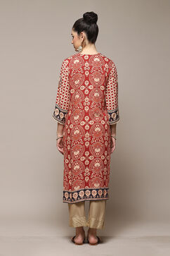 Burnt Orange LIVA Straight Printed Kurta image number 4