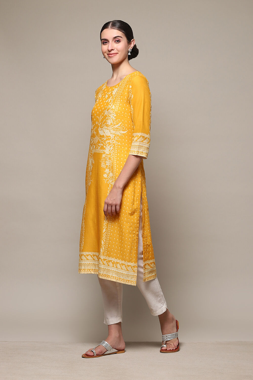 Yellow Cotton Straight Printed Kurta image number 2