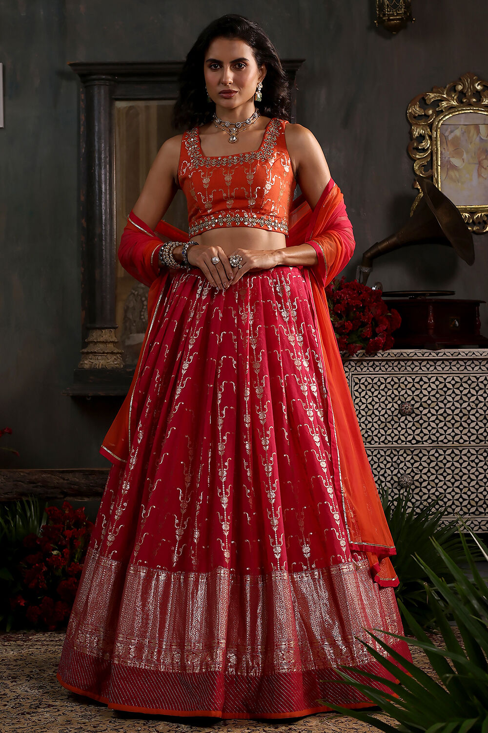 Pink and Orange Chanderi Jacquard Lehenga Set image number 0