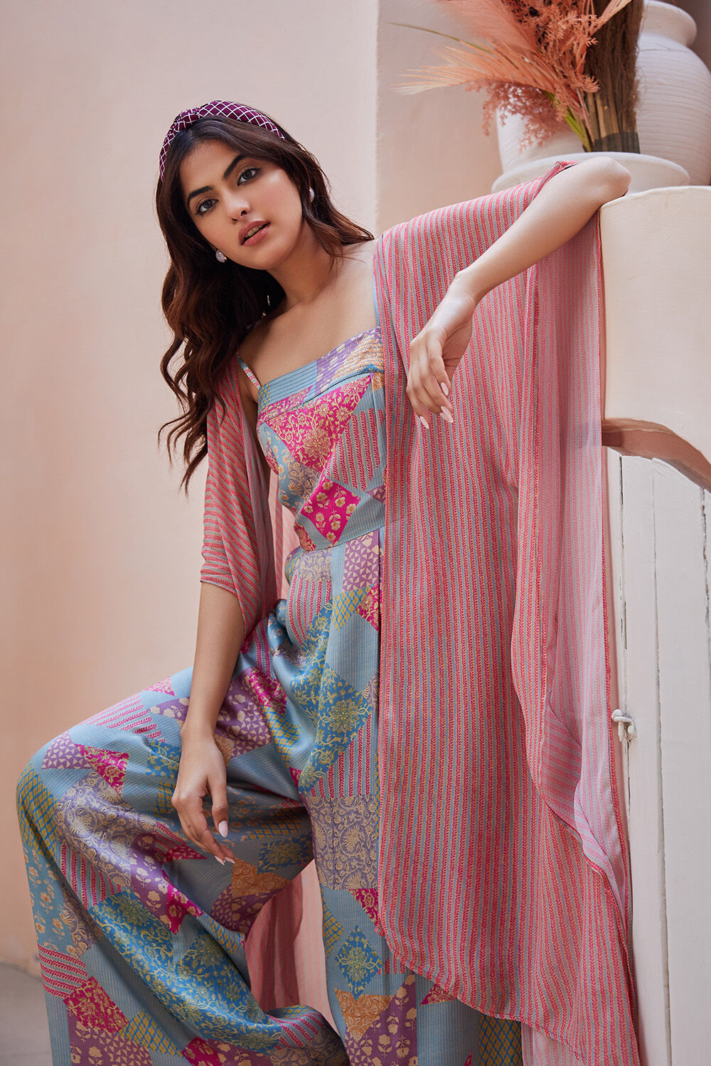 Blue Pink Printed Jumpsuit with Shrug at Biba India