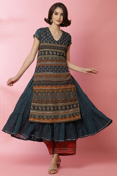 Teal Art Silk Double Layered Kurta image number 0