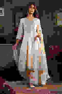 Off-White Cotton Silk Embroidered Kalidar Suit Set image number 0