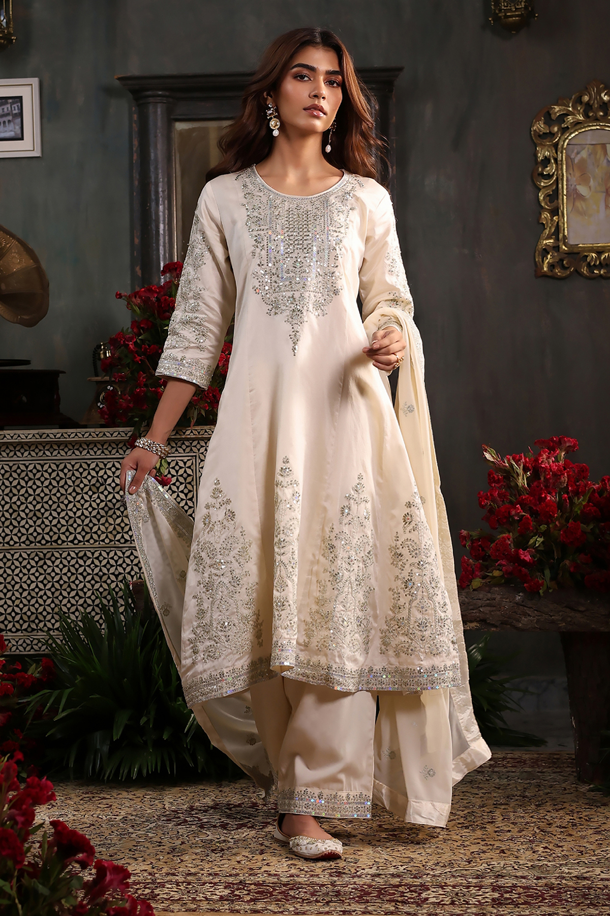 Off-White Cotton Silk Embroidered Kalidar Suit Set