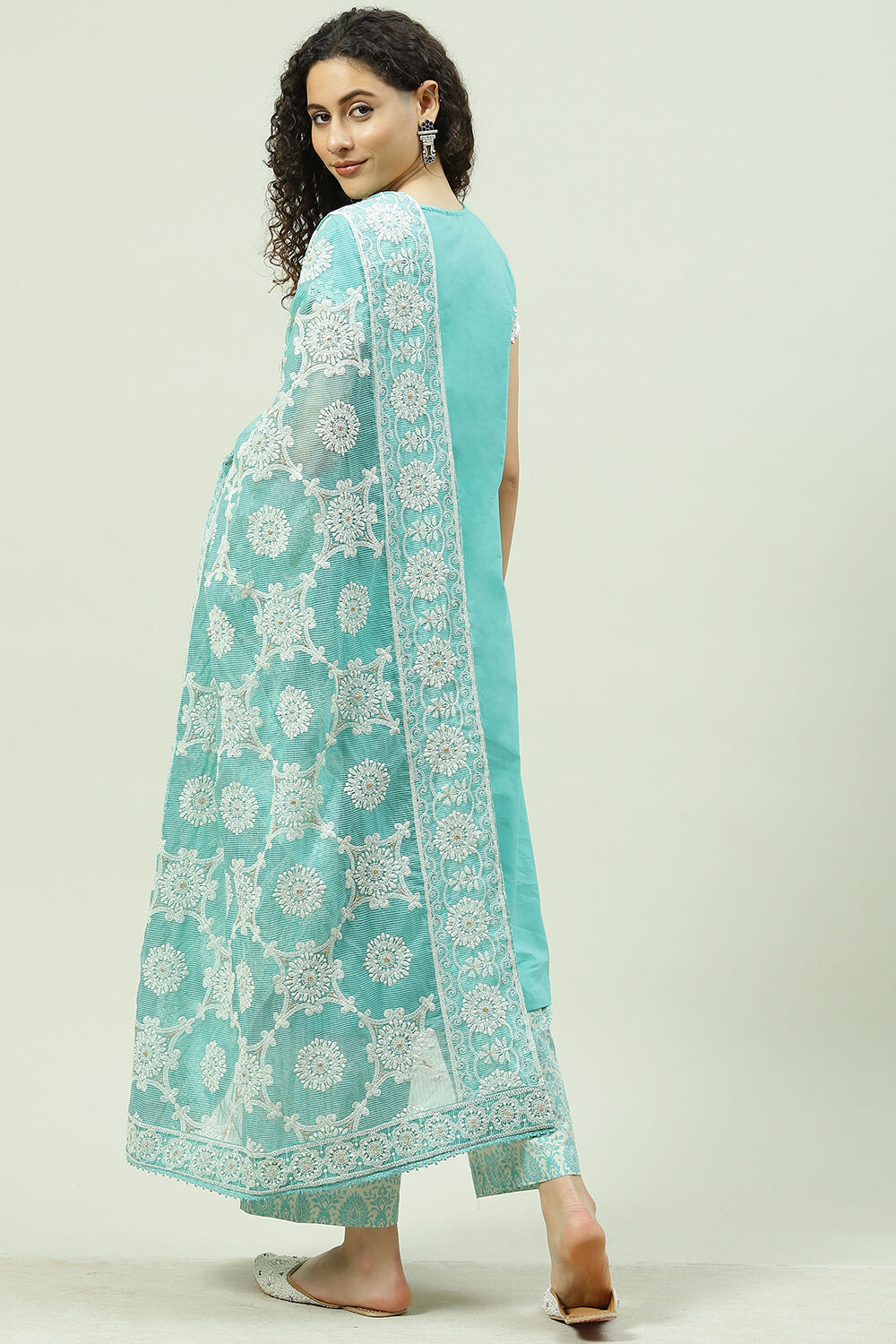 Sea Green Cotton Straight Kurta Palazzo Suit Set image number 7