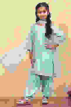 Turquoise Cotton Straight Printed Kurta Patiala Salwar Suit Set image number 0