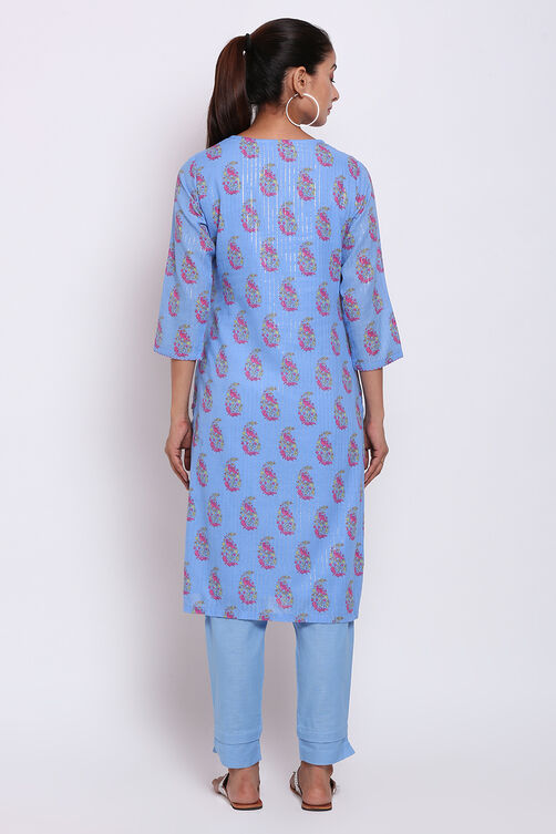 Blue Metallic Cotton Printed Kurti image number 5