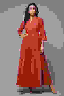 Red Cotton Straight Printed Dress image number 1