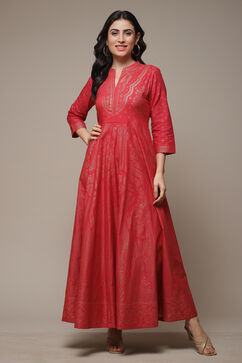 Red Cotton Straight Printed Dress image number 1