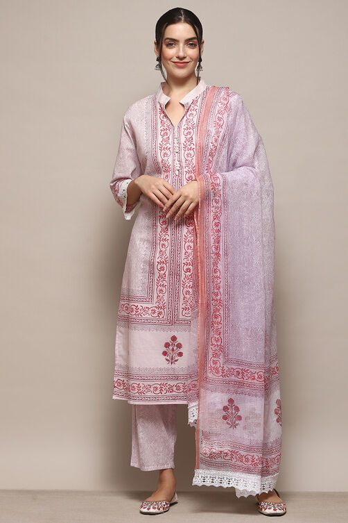 Pink Cotton Machine Embroidered Unstitched Suit Set image number 8