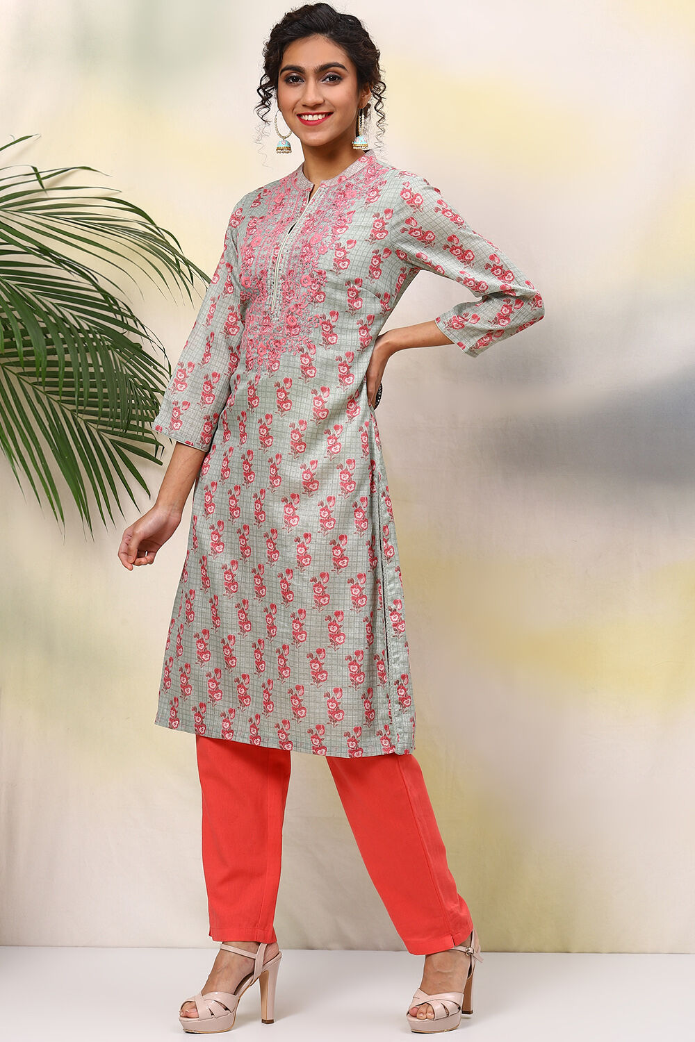Green Poly Cotton Straight Printed Kurta image number 2