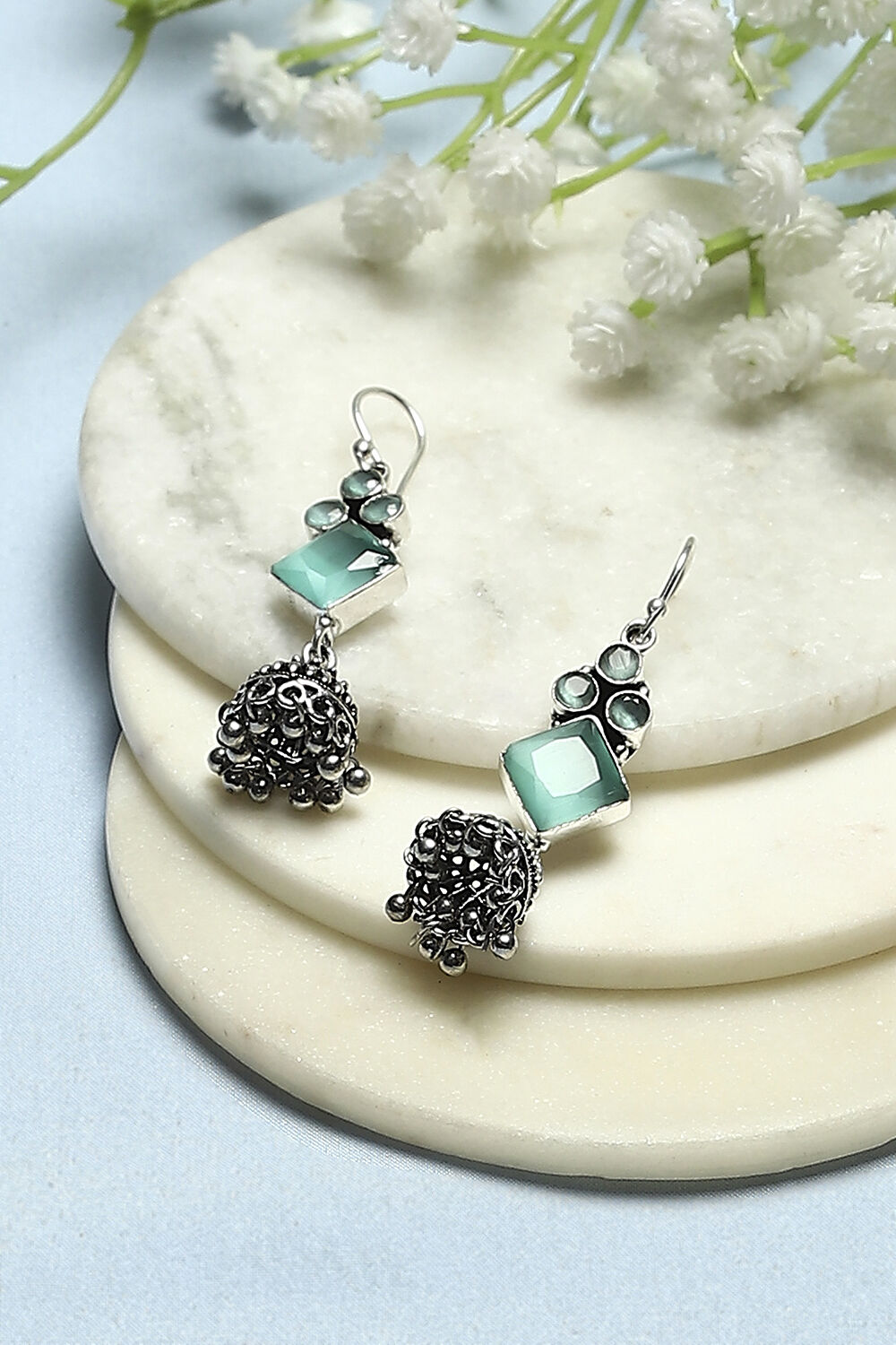 Mint Green Oxidised Stone Studded Geometric Jhumkas image number 0