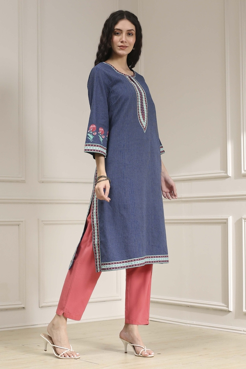 Indigo Blue Cotton Printed Straight Kurta image number 3