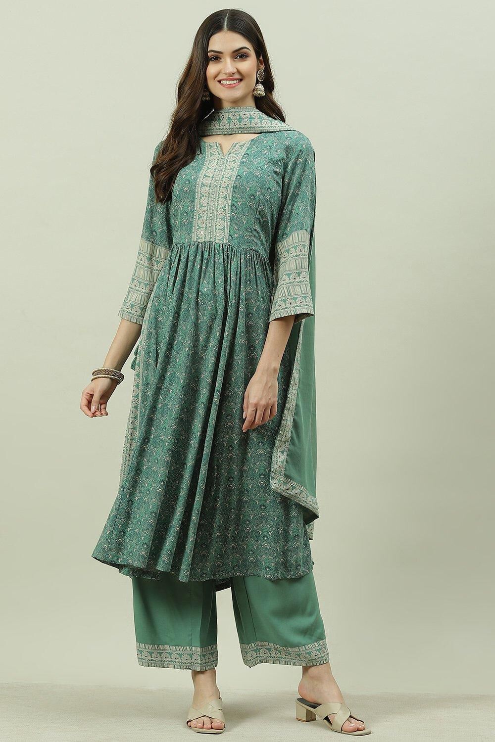 Sage Green Rayon Gathered Kurta Palazzo Suit Set image number 6