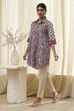 Blue and Pink Cotton Floral Shirt-Style Short Kurta image number 2
