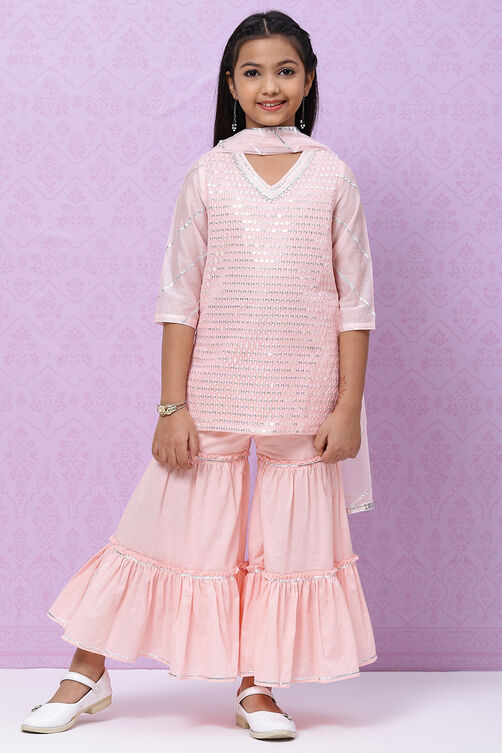 Pastel Pink Art Silk Girls Straight Kurta Sharara Suit Set image number 4
