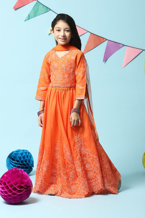 Orange Cotton Blend Short Top Lehenga Set image number 5