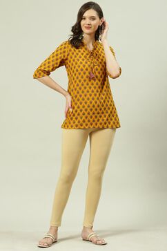 Beige Cotton Blend Solid Leggings image number 5