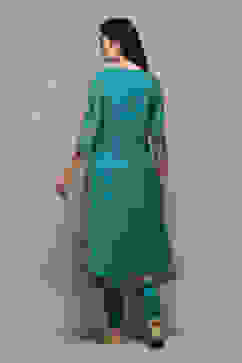 Turquoise Poly Modal Layered Printed Kurta Churidar Suit Set image number 5