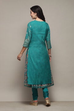 Turquoise Poly Modal Layered Printed Kurta Churidar Suit Set image number 5