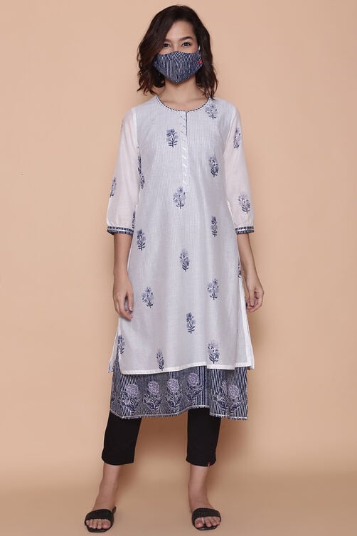 White And Blue Cotton A-Line Printed Kurta image number 2