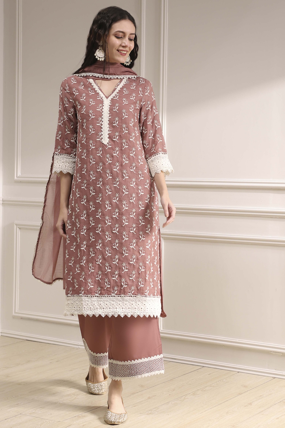 Nude-Toned Chanderi Straight Suit Set