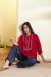 Red Viscose Rayon Embroidered Straight Kurti