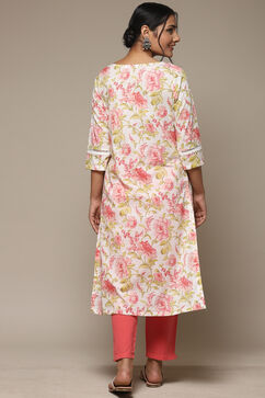 Off White Cotton Straight Printed Kurta image number 3