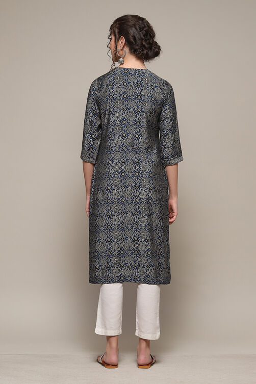 Indigo Poly Viscose Straight Printed Kurta image number 4