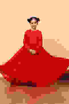 Red Jacquard Floral Self-Design Gathered Festive Gown image number 0