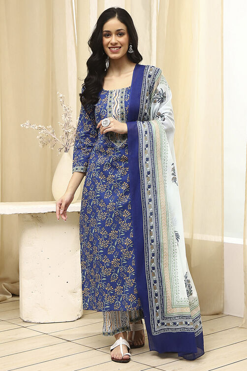 Royal Blue Cotton Screen Print Unstitched Suit Set image number 7