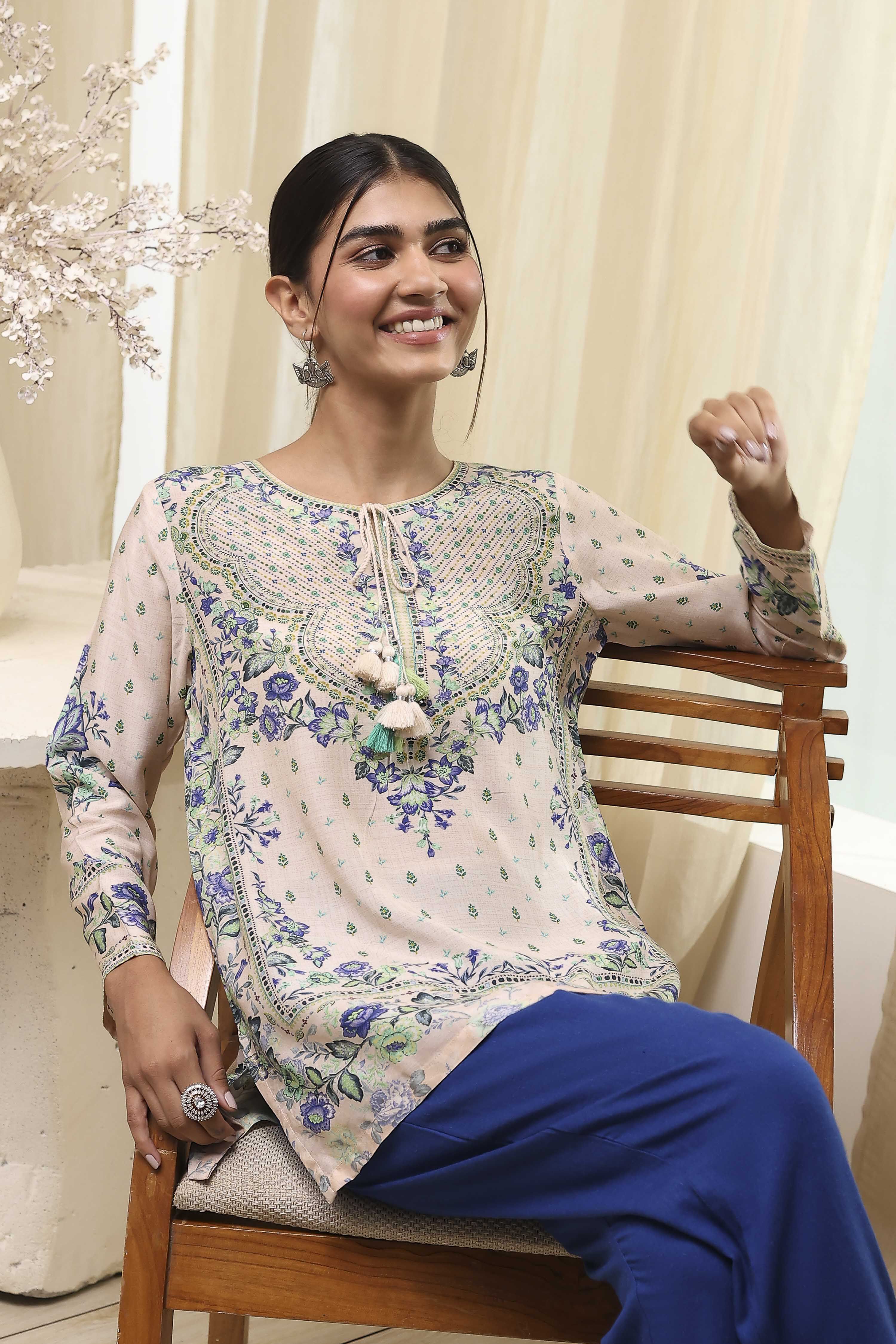 Off-White and Pink Modal Blend Straight Short Kurta image number 5