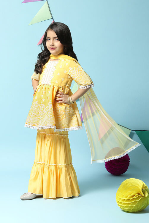 Yellow Cotton Blend Gathered Kurta Sharara Suit Set image number 5