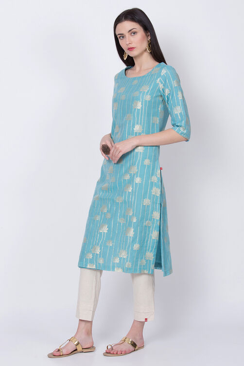 Light Turquoise Poly Metallic Cotton Straight Yarndyed Kurta image number 2