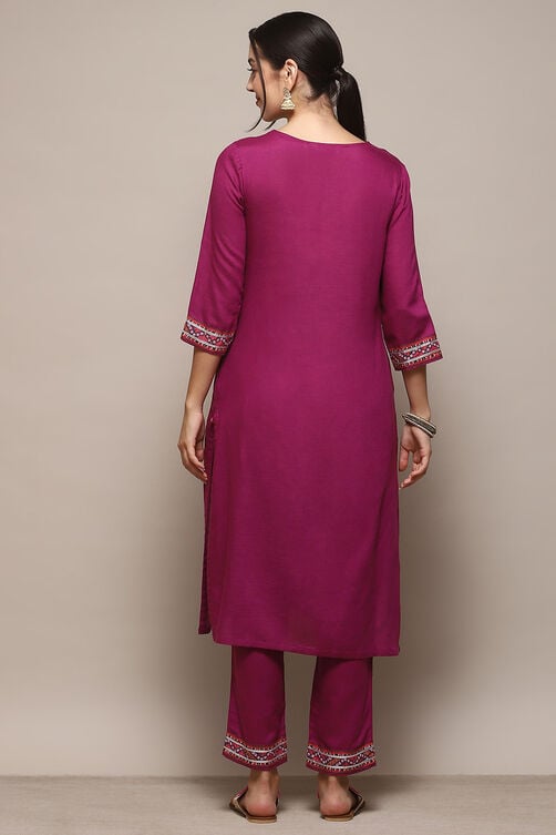 Pink-Purple Rayon flax Narrow Kurta Pant Suit Set image number 5