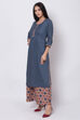 Dark Blue Cotton Straight Kurta Flared Palazzo Suit Set image number 3