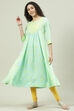 Turquoise Cotton Flared Printed Kurta image number 5