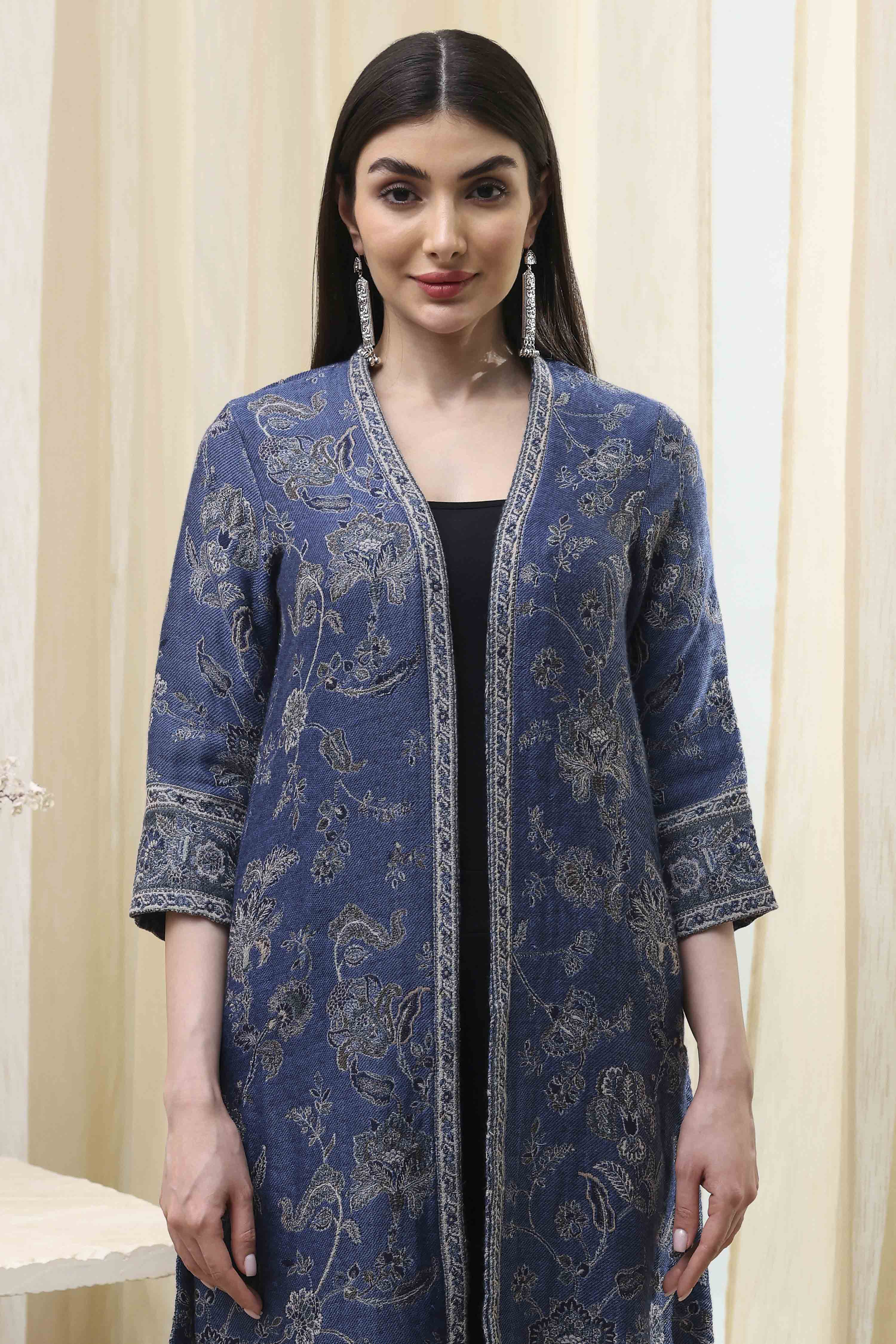 Indigo Poly Mettalic Front Open Yarndyed Shrug image number 1