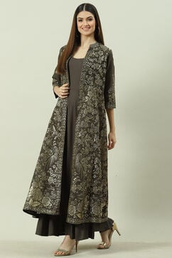 Charcoal Art Silk with Cape Printed Dress image number 5
